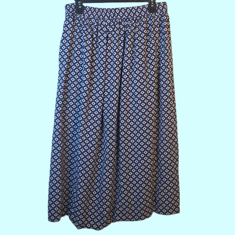Vintage Karen Scott Blue and White Diamond Printed Midi Pleated Skirt Size Small